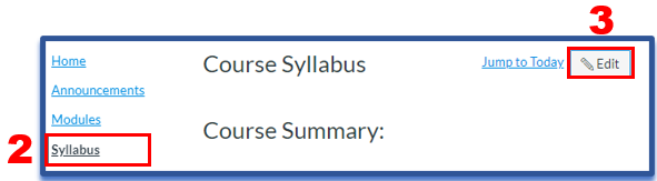 syllabus link in the left-hand course navigation menu and edit button at the top right of page