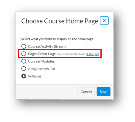 Change link is near the second radio button on the Choose Course Home Page popup menu