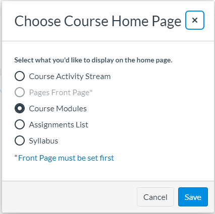Choose Course Home Page pop-up menu