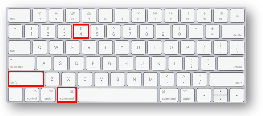 An apple keyboard with the command key, the shift key, and the number 4 key highlighted
