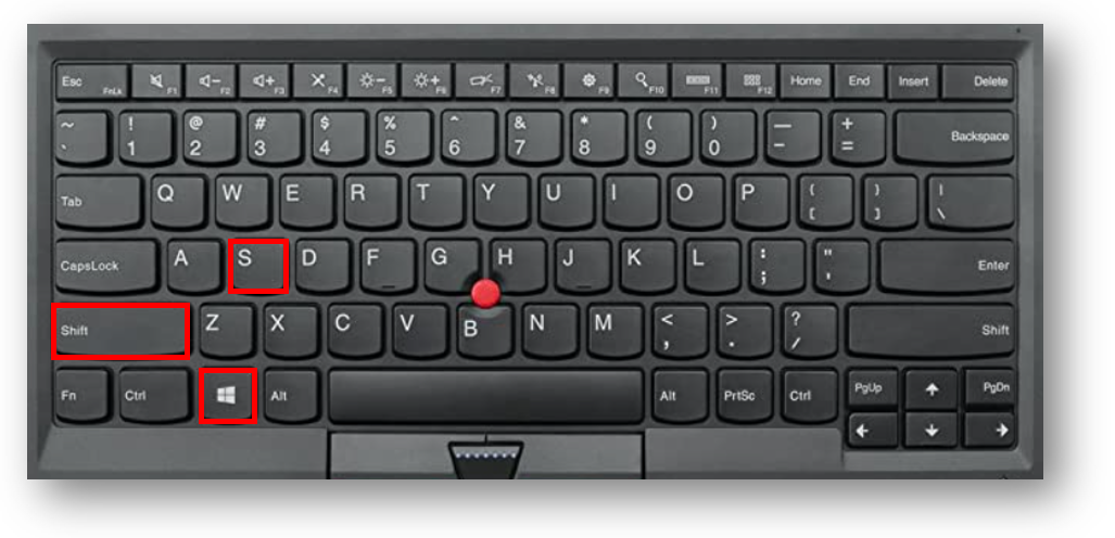 A windows keyboard with the windows key, the shift key, and the letter S key highlighted