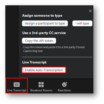 Highlighted CC button with an open menu. Within the menu, Enable Auto-Transcription is highlighted.