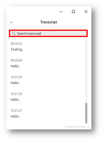 Search transcript field is highlighted at the top of a transcript.